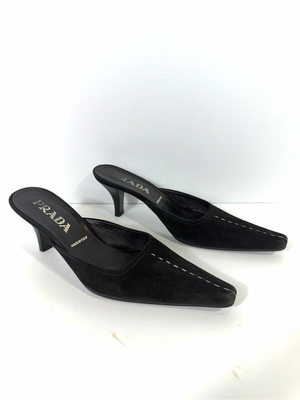 Prada Vintage Black Suede Square Toe Mule Heels 37.5 Kitten Heel Made Italy
